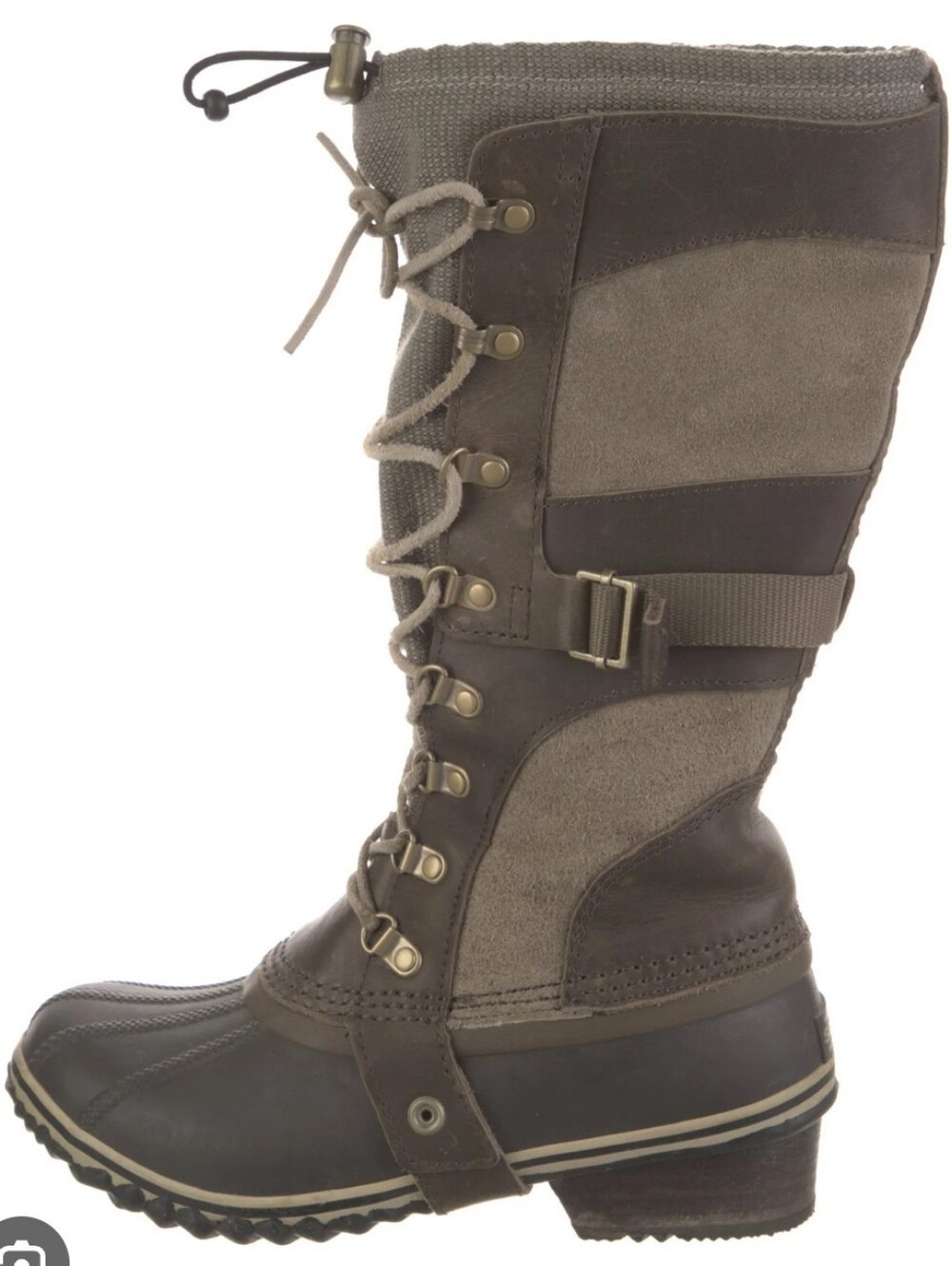 Sorel Conquest Carly Tall Waterproof Leather Duck Boot, Khaki/ Brown, Size 10